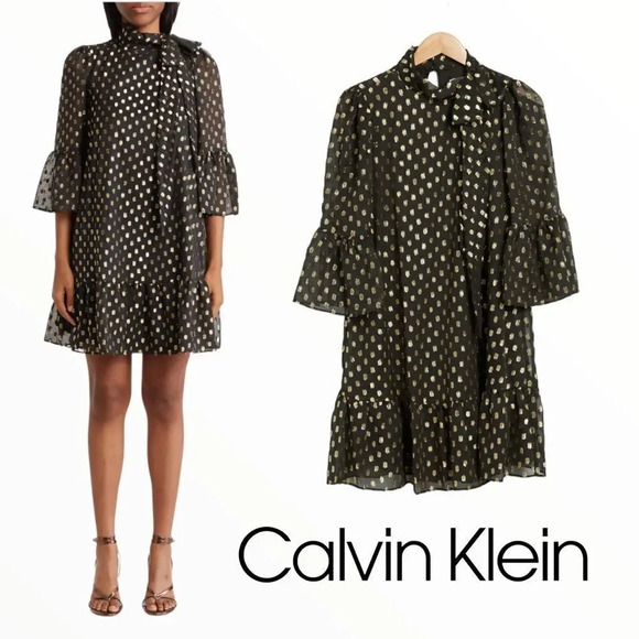 CALVIN KLEIN | Black/Gold | CLIPDOT BABYDOLL DRESS - Picture 1 of 8